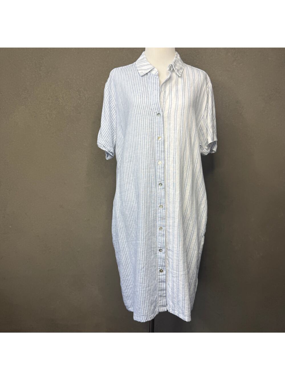 C&C California 100% Linen Blue Stripe Button Front Shirt Dress L